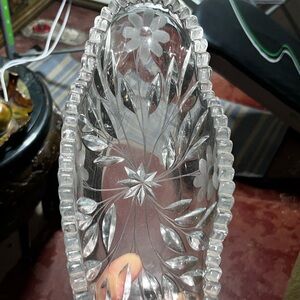 Vintage Etched And Cut Glass Oval Bowl Sawtooth Rim